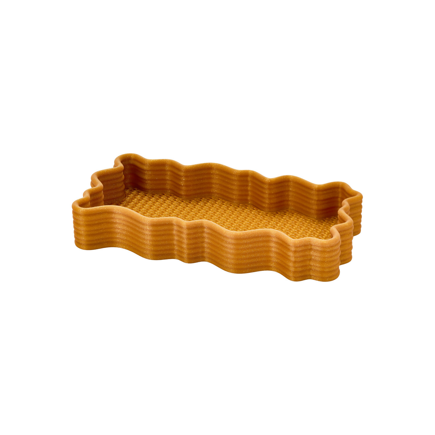 Estia 3D printed scalloped desk tray in gold, angled view